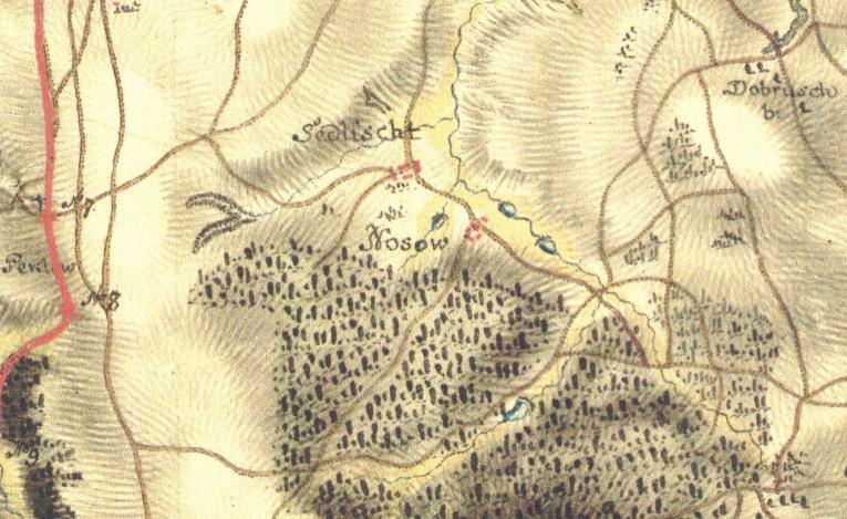 Samoty Sedliště a Nouzov na 1. vojenském mapování z let 1764-1768 Samoty Sedliště a Nouzov na 1. vojenském mapování z let 1764-1768